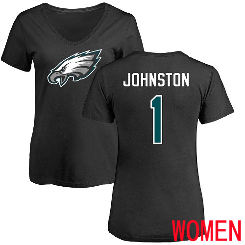 Women Philadelphia Eagles #1 Cameron Johnston Black Name and Number Logo Slim Fit NFL T Shirt